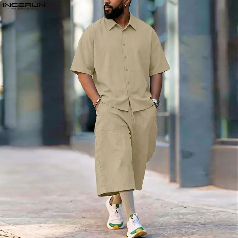 Mens Fashion Casual 2026 - INCERUN Set Pria Celana Kemeja Lengan