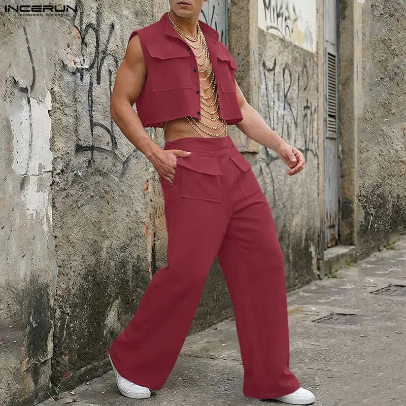Men'S Fashion Pants - INCERUN Set Pria Atasan Crop Tanpa