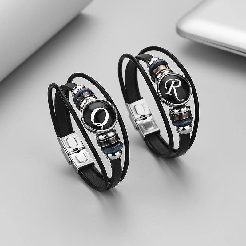 Men'S Fashion Jewelry Bracelets - Gelang Kulit Berlapis Hitam 26 Huruf